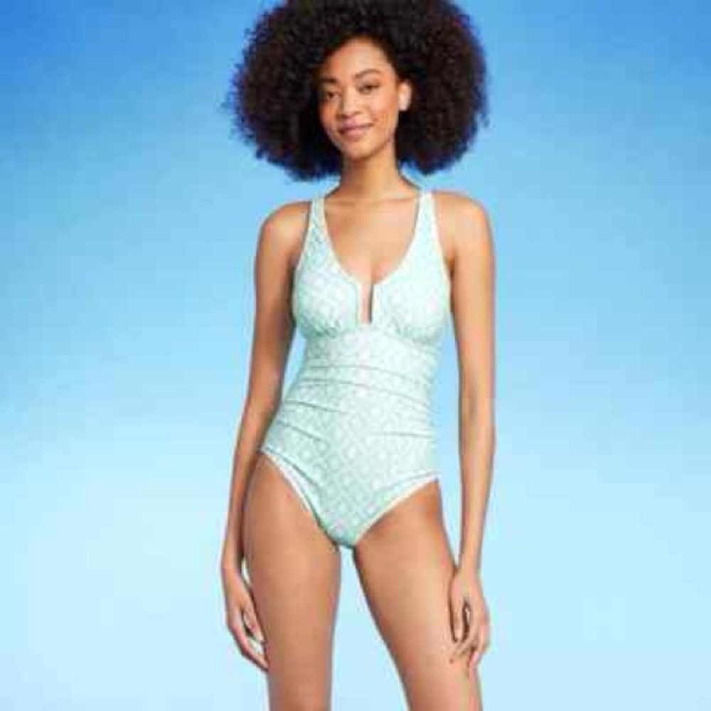 Shade & Shore Blue and White One Piece Swimsuit with Plunging V-neckline